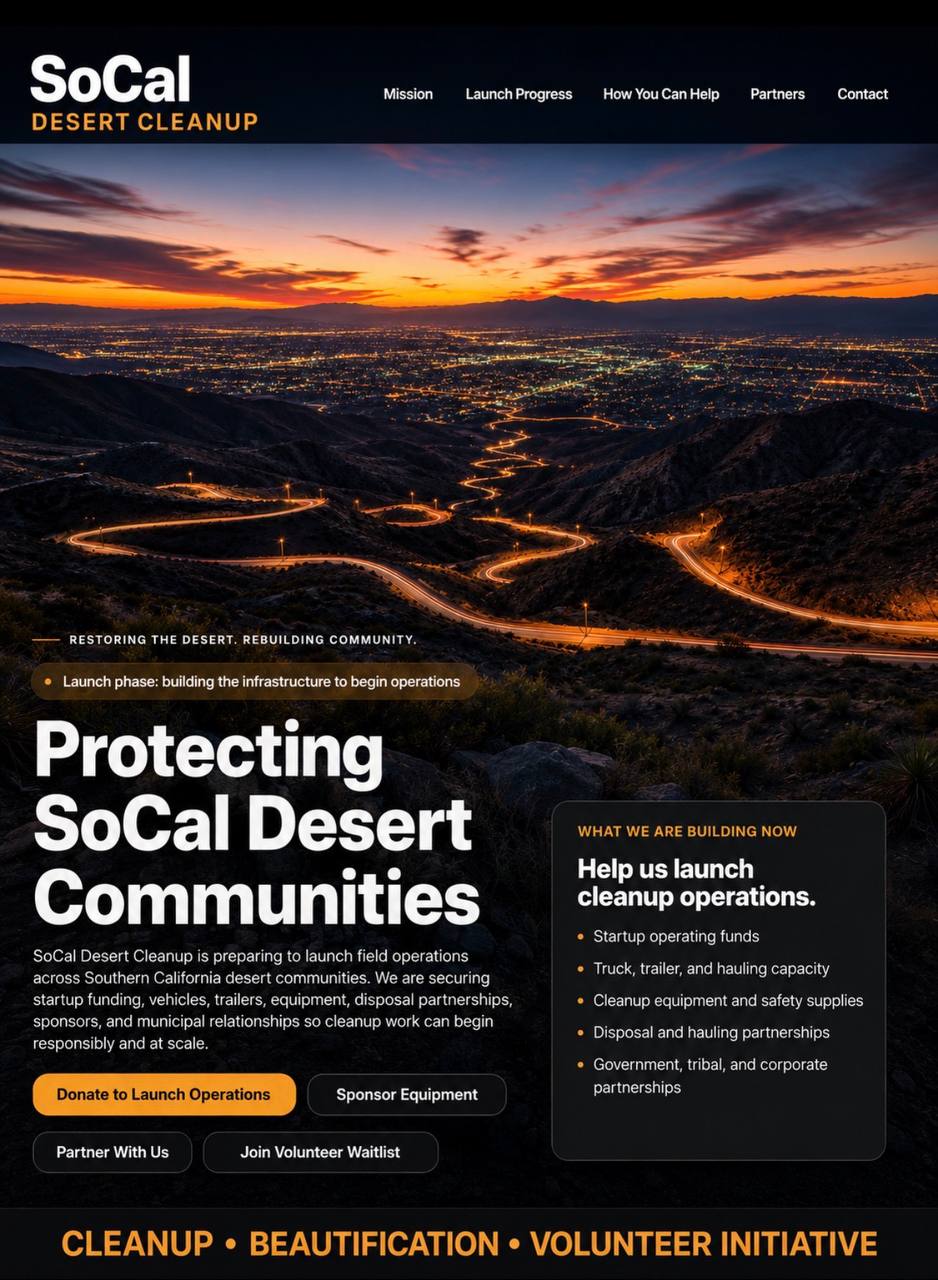 SoCal Desert Cleanup launch hero showing Protecting SoCal Desert Communities, launch phase needs, and calls to donate, sponsor equipment, partner, or volunteer.