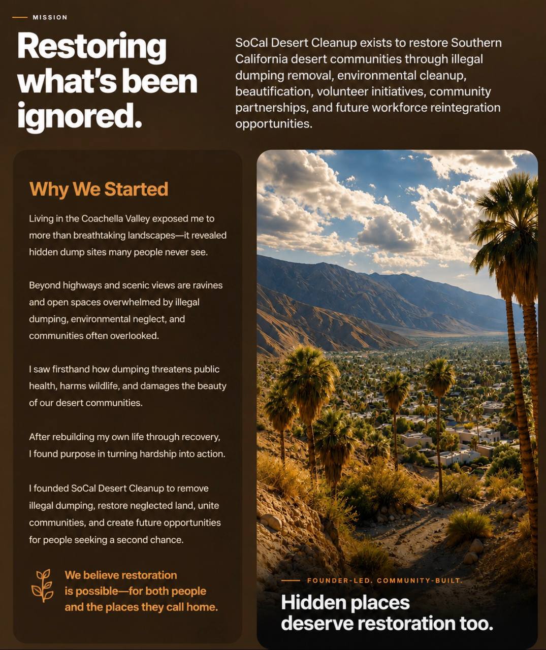 Mission section explaining why SoCal Desert Cleanup started and showing a desert community landscape.