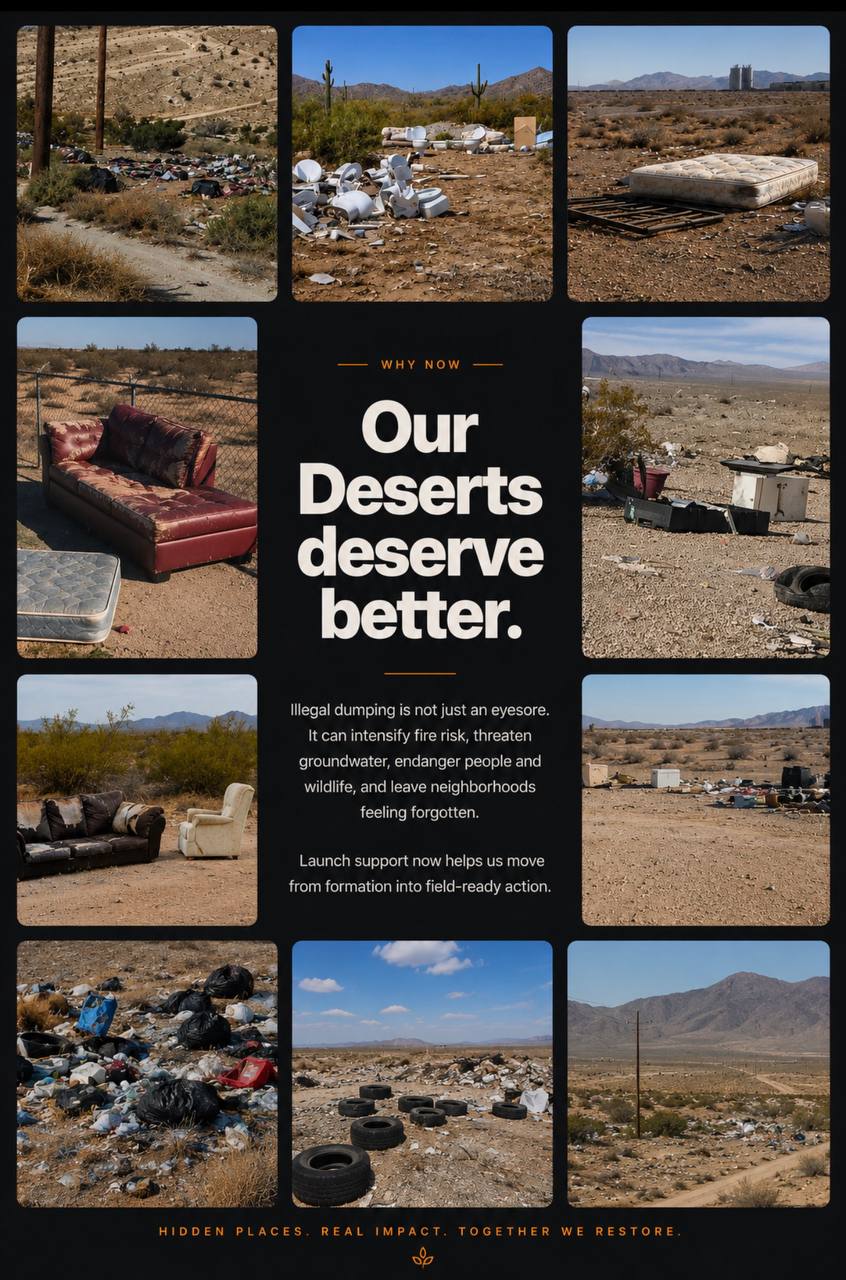 Why Now section with photos of illegal dumping and text about fire risk, groundwater, wildlife, and field-ready launch support.