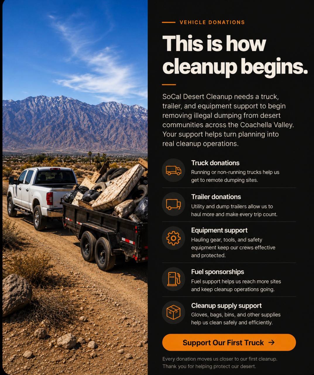 Vehicle donations section showing a truck and dump trailer and listing needs for trucks, trailers, equipment, fuel, and cleanup supplies.