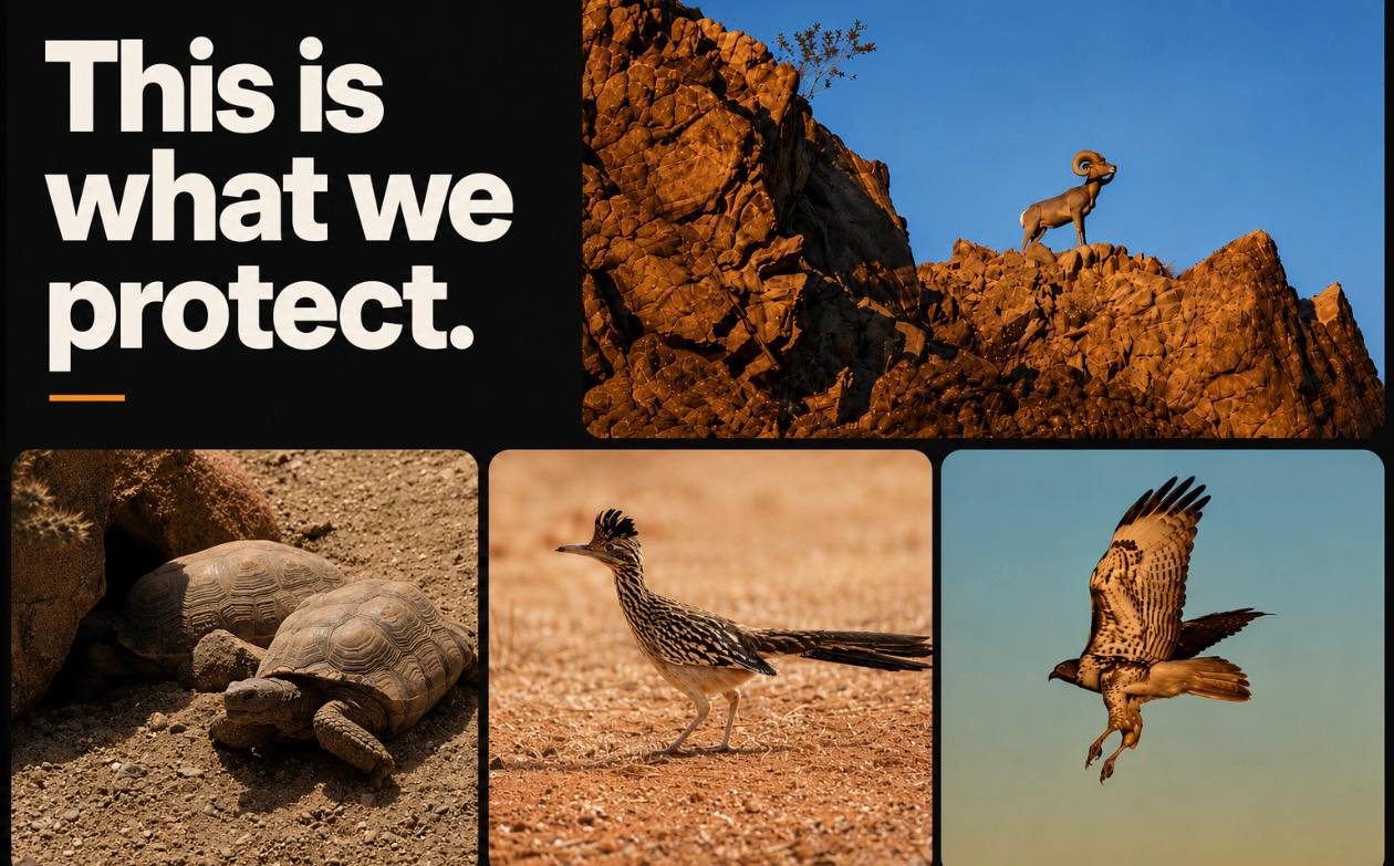 Conservation section showing desert wildlife including bighorn sheep, tortoises, roadrunner, and bird of prey.