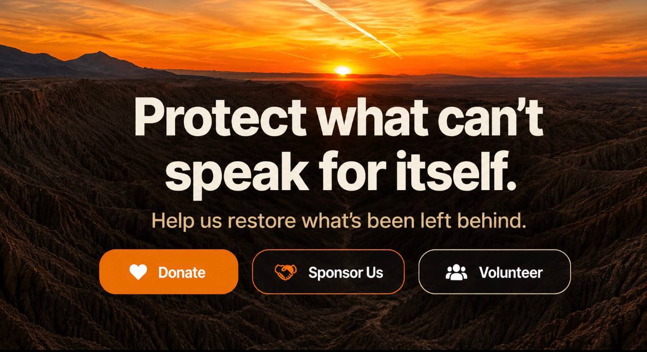 Final call to action with desert sunset and buttons to donate, sponsor, or volunteer.